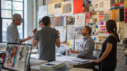 A team of designers brainstorming in an open-concept workspace filled with mood boards, sketches, and color swatches.