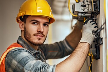 Professional electrician working at renovating home