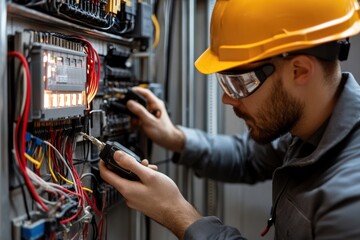 Professional electrician working at renovating home