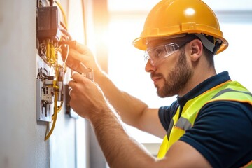Professional electrician working at renovating home