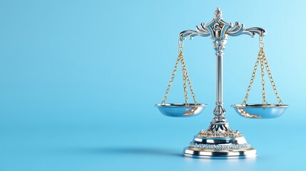 A detailed close-up of a silver scale symbolizing justice, set against a soft blue background for a professional look.