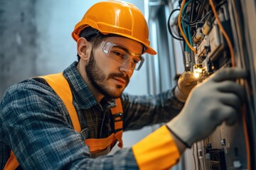 Professional electrician working at renovating home