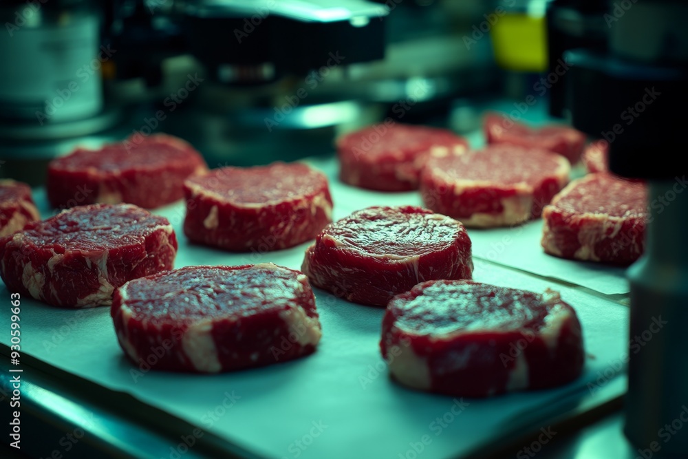 Poster high tech laboratory showcasing rows of raw meat samples undergoing advanced testing and quality ana