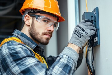 Professional electrician working at renovating home