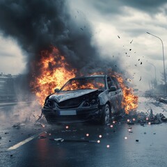 A broken burning car on a city street. Accident