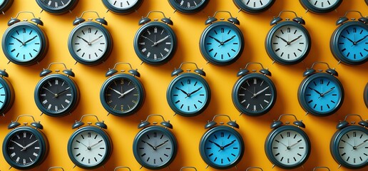 Pattern of black and blue alarm clocks on yellow background. Time management, deadline, schedule, punctuality, organization, efficiency, productivity concept.