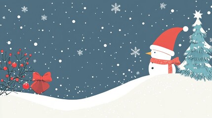 Christmas card with snowman and gifts in beautiful winter village and decorated Christmas tree