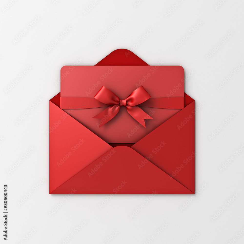 Poster Red gift card with red ribbon bow or gift voucher business card in open red envelope isolated on white grey background with shadow minimal concept 3D rendering