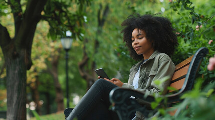 Fototapeta premium A young adult sitting on a park bench, enjoying nature without any electronic devices. Importance of disconnecting from technology to focus on mental well-being