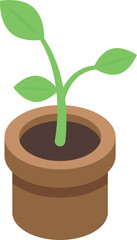 Young plant with few leaves is growing in a pot full of soil