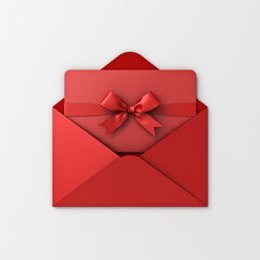 Red gift card with red ribbon bow or gift voucher business card in open red envelope isolated on white grey background with shadow minimal concept 3D rendering