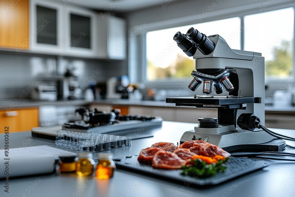 Poster laboratory setting featuring a high powered microscope and raw meat samples focusing on detailed exa