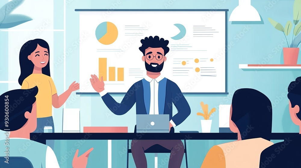Poster a manager giving a presentation to the team, emphasizing key points with hand gestures in a modern o