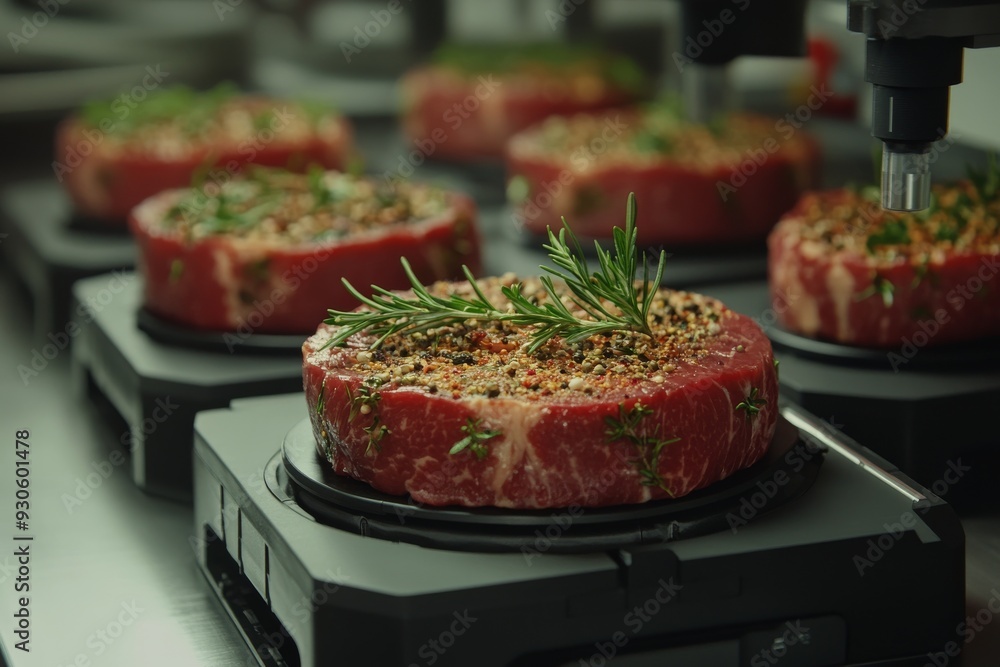 Poster fresh cuts of raw meat delicately arranged on digital weighing scales in a laboratory showcasing pre