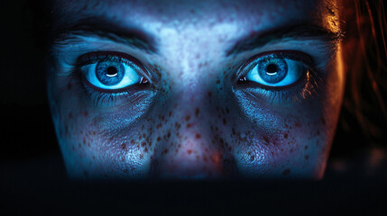 A close-up of a person’s face with hollow, empty eyes, staring at a glowing screen in the dark, representing addiction to digital devices.