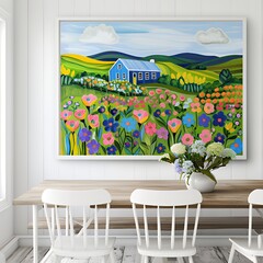 A vibrant painting of a blue house surrounded by colorful flowers and rolling hills.
