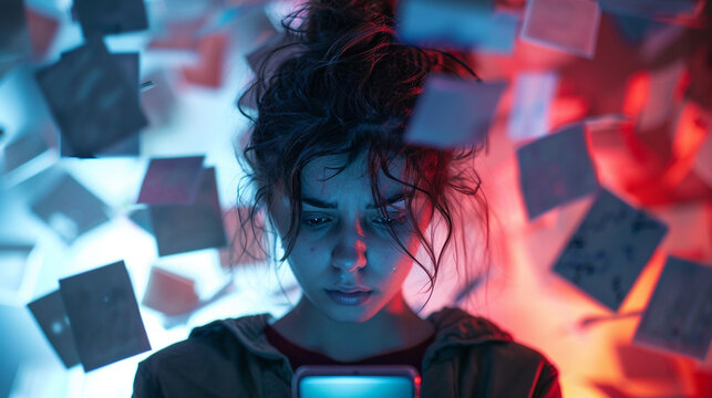 A person staring at their phone with endless notifications piling up, with a stressed and anxious expression, symbolizing social anxiety.