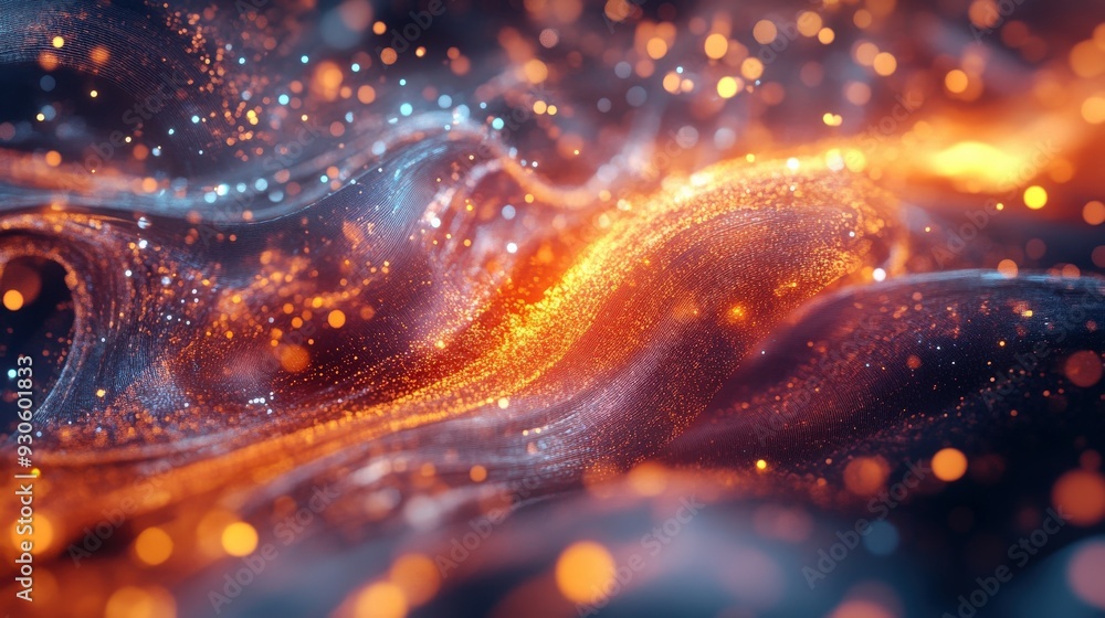 Poster a mesmerizing display of flowing colors and glittering particles creating a captivating abstract atm