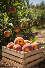 Fresh Peaches in Wooden Crate Next to Peach Tree