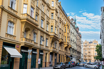 Photograph of the streets of the city of Prague showing the architecture of the buildings. Czech Republic