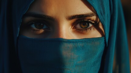 Naklejka premium Intense gaze of woman with blue veil in sunset light