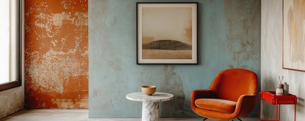 Contemporary interior design with orange armchair, marble table, and potted plant