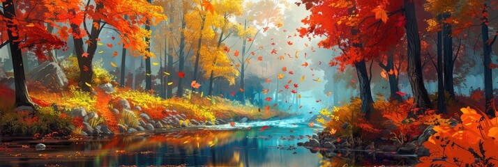 Naklejka premium A picturesque autumn landscape with colorful trees, falling leaves, and a gentle stream reflecting the vibrant foliage