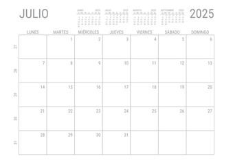 Julio Calendario 2025 Mensual para imprimir con numero de semanas A4	
