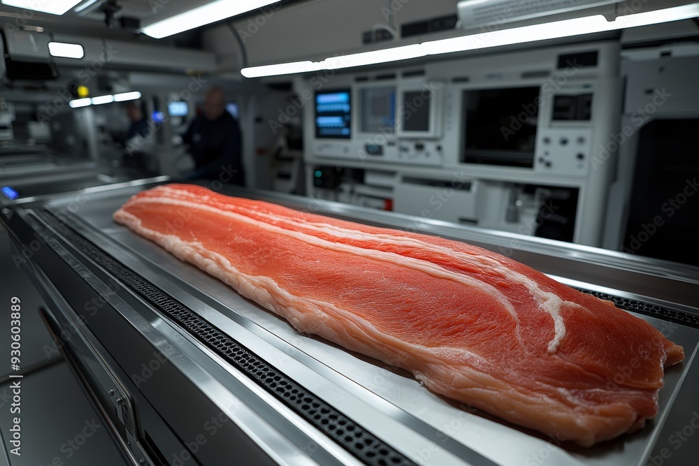 Aufkleber automated processing of fresh meat on a conveyor belt in a high tech food production facility highli