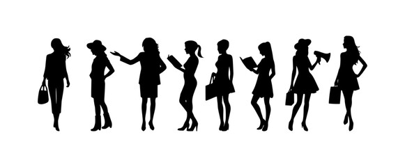 Vector illustration. Black silhouette on white background. Set of busy women businesswomen.