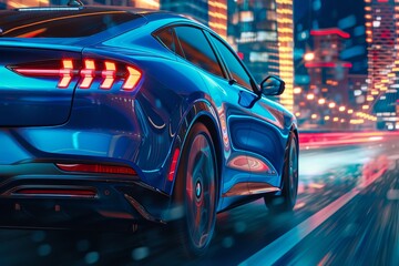 Fototapeta premium Electric Sports Car Racing Through a Dynamic Cityscape at Night.