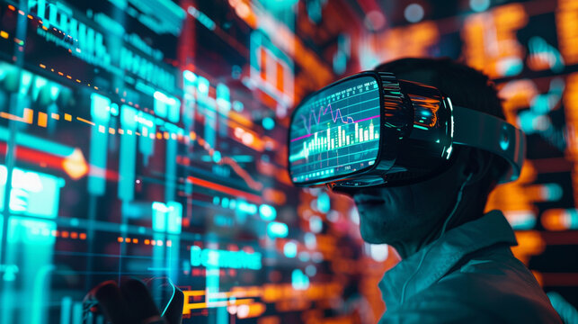 A detailed scene of a financial analyst using virtual reality goggles to analyze 3D market data.