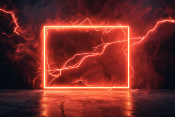 Red neon rectangle frame made of electricity and flame on dark background with smoke. Glowing geometric shape with copy space for text