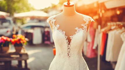 Obraz premium Elegant bridal gown on mannequin at outdoor market