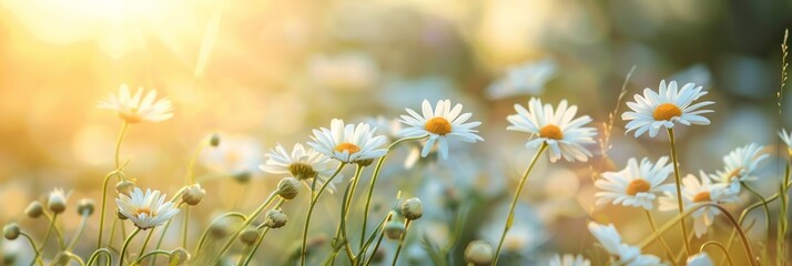 photo of daisies blooming in the garden under the summer sun, showcasing the vibrant colors natural