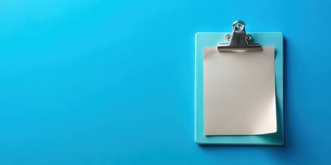 A neatly organized clipboard with a fresh blue sticky note and a silver clip against a clean, bright blue background, conveying productivity and organization.