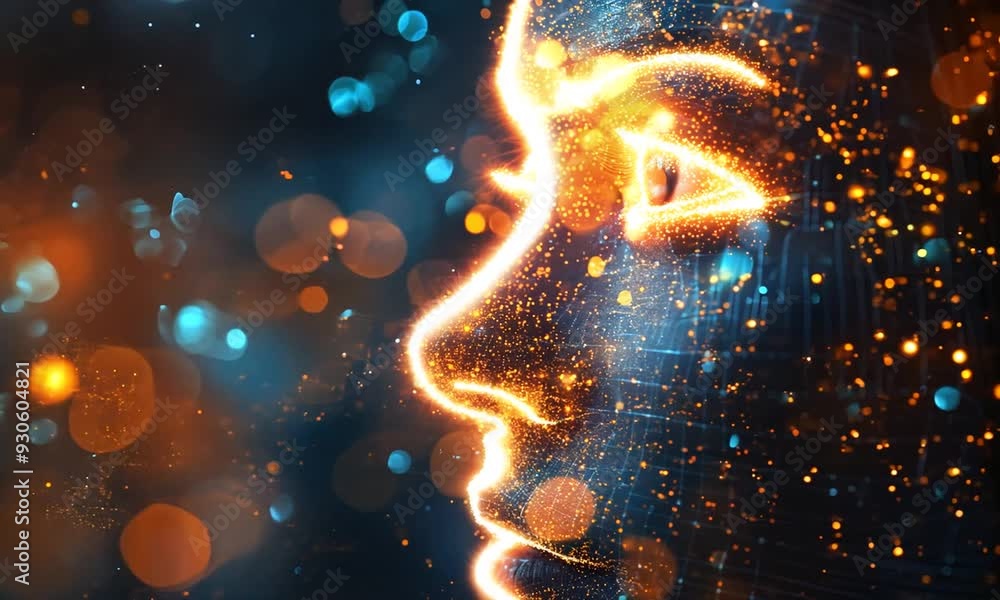 Poster a woman's face with glowing lights in the background and machine learning technology design for comp