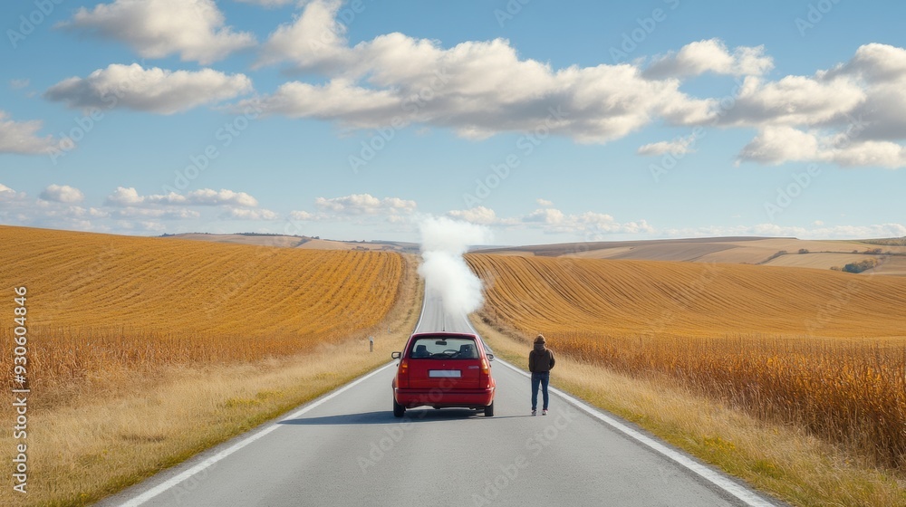 Poster A person standing on a road next to car with smoke coming out of it, AI