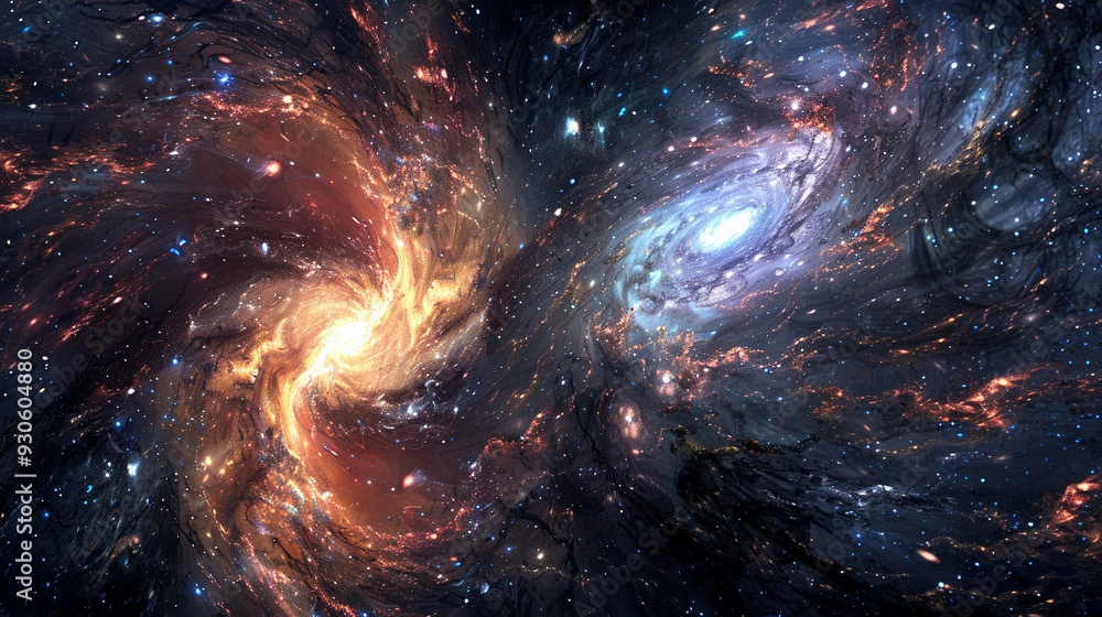 Wall mural a dramatic depiction of two galaxies colliding in deep space, with streams of stars and gas being pu