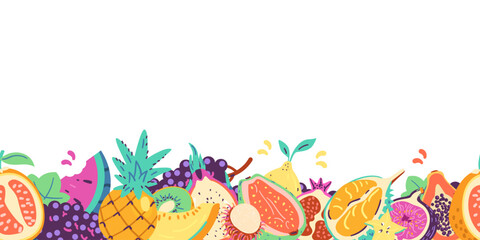 Tropical fruits horizontal seamless border vector illustration.