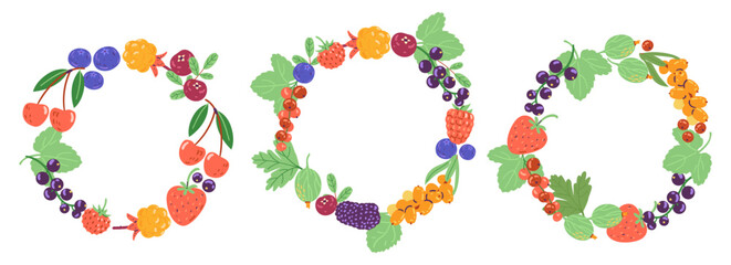 Wreaths from ripe berries vector illustrations set. Round borders from berries and leaves.