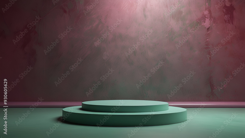 Wall mural pink metal podium on abstract pastel green background with magenta backlighting.