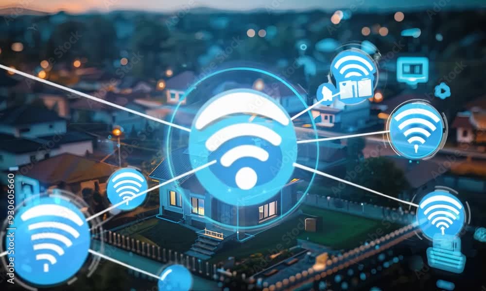 Poster internet of things and communication technology concept - modern graphic interface showing smart inf
