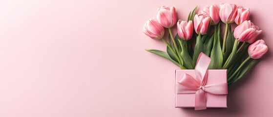 Obraz premium Mother's Day concept. stylish pink giftbox with ribbon bow and bouquet of tulips on isolated pastel background