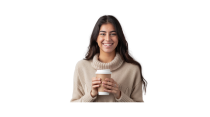 Smiling woman holding a coffee cup, transparent background PNG
