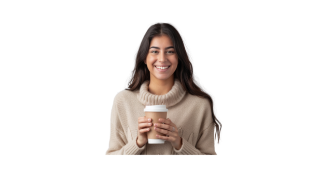 Smiling woman holding a coffee cup, transparent background PNG