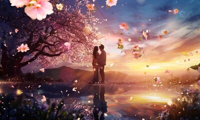 A couple in love under a flowering tree at sunset in the afternoon - Powered by Adobe