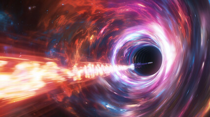 Obraz premium A dynamic scene depicting a spacecraft traveling through a wormhole, with space bending and twisting around it. The interior of the wormhole is a swirling tunnel of light and color.