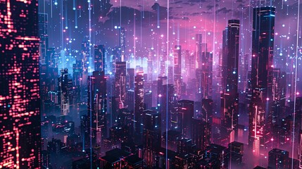 Obraz premium Futuristic Cityscape with Neon Lights and Digital Rain