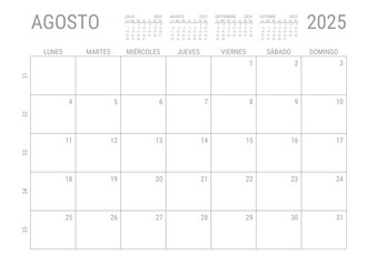 Agosto Calendario 2025 Mensual para imprimir con numero de semanas A4	